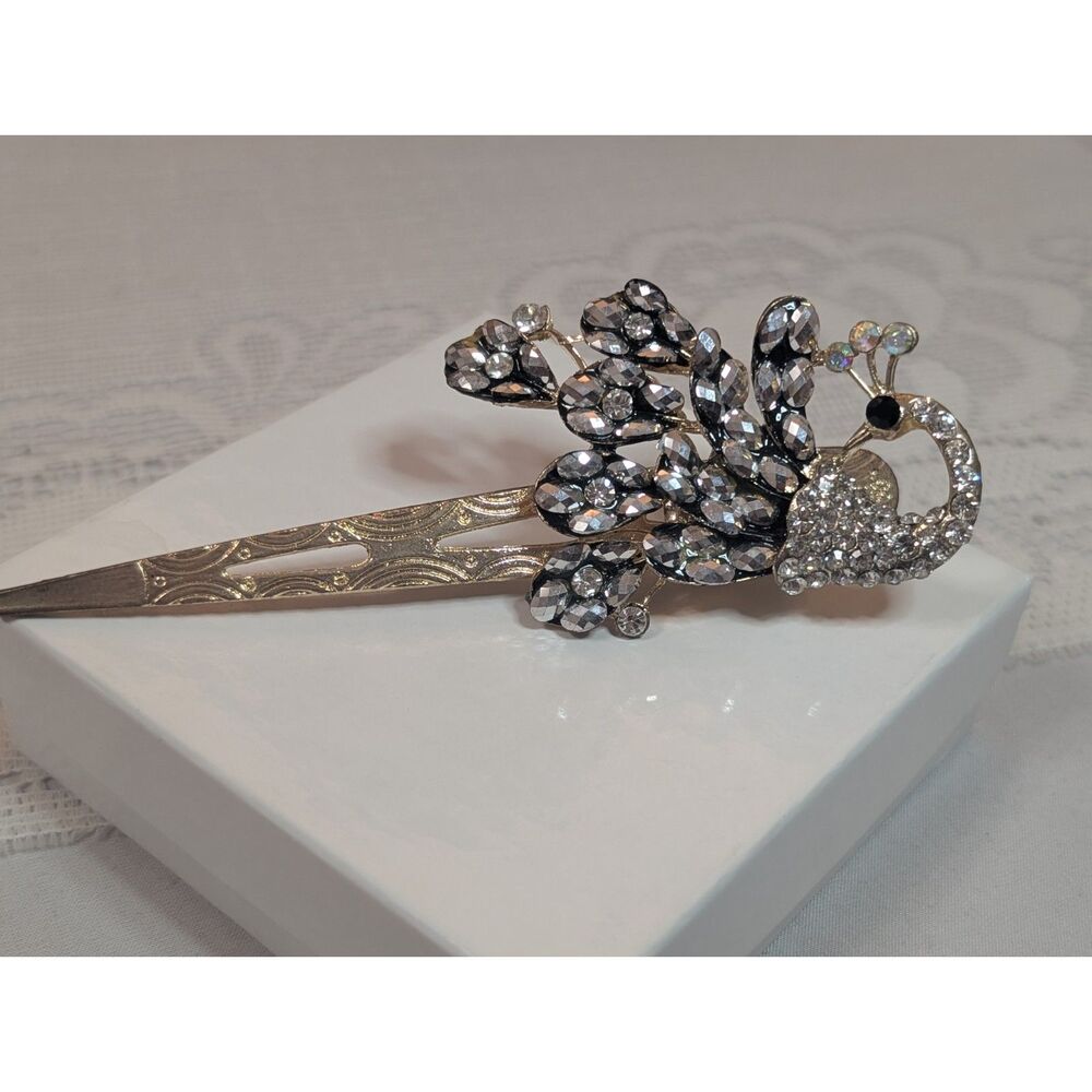 Vintage Style Rhinestone Peacock Hair Clip - Gold Tone Alligator Barrette